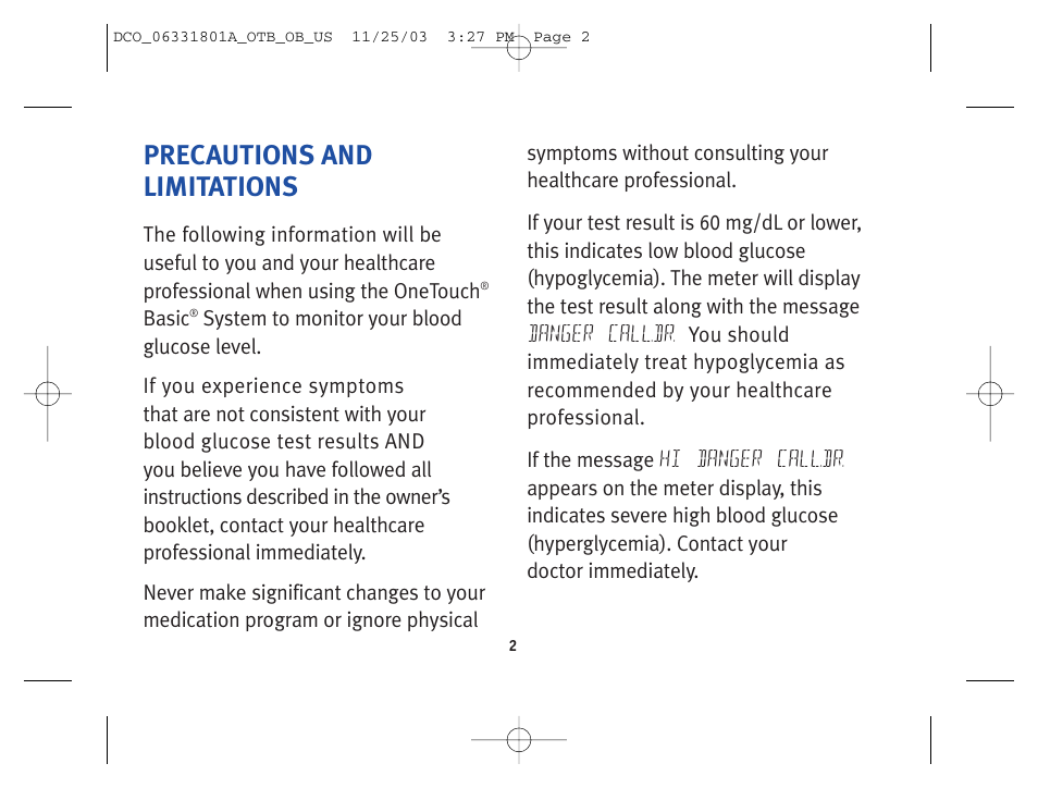 Precautions and limitations | Lifescan OneTouch Basic Basic Blood Glucose Monitoring System User Manual | Page 10 / 98