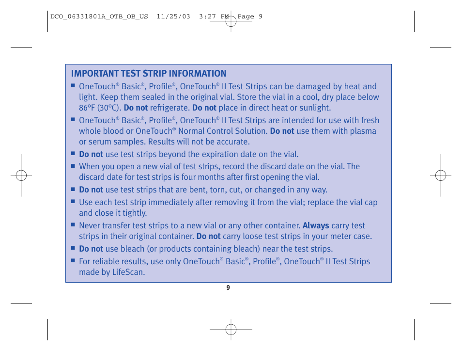 Important test strip information, Onetouch, Basic | Profile, For reliable results, use only onetouch, Ii test strips made by lifescan | Lifescan OneTouch Basic Basic Blood Glucose Monitoring System User Manual | Page 17 / 98