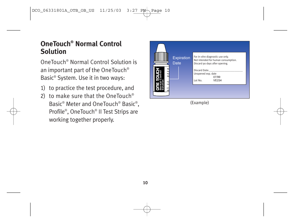 Onetouch, Normal control solution, Basic | Meter and onetouch, Profile, Ii test strips are working together properly | Lifescan OneTouch Basic Basic Blood Glucose Monitoring System User Manual | Page 18 / 98