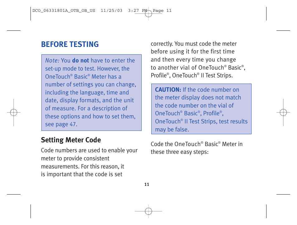 Before testing, Setting meter code | Lifescan OneTouch Basic Basic Blood Glucose Monitoring System User Manual | Page 19 / 98