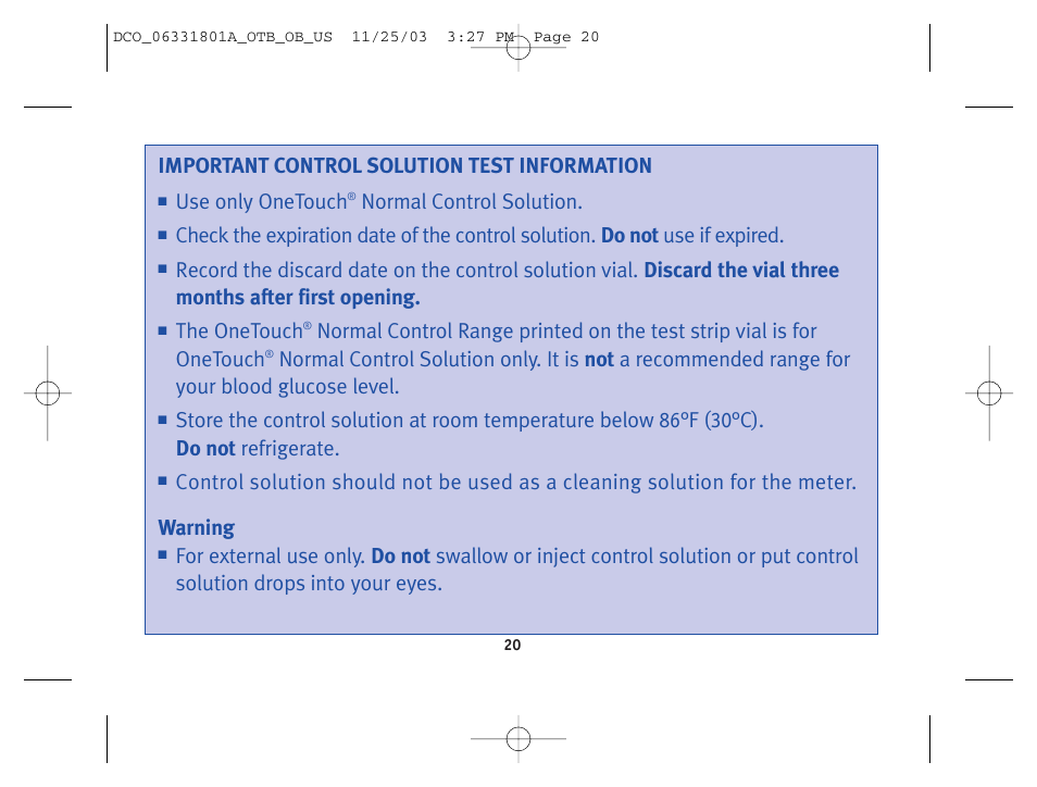 Important control solution test information, Use only onetouch, Normal control solution | The onetouch | Lifescan OneTouch Basic Basic Blood Glucose Monitoring System User Manual | Page 28 / 98