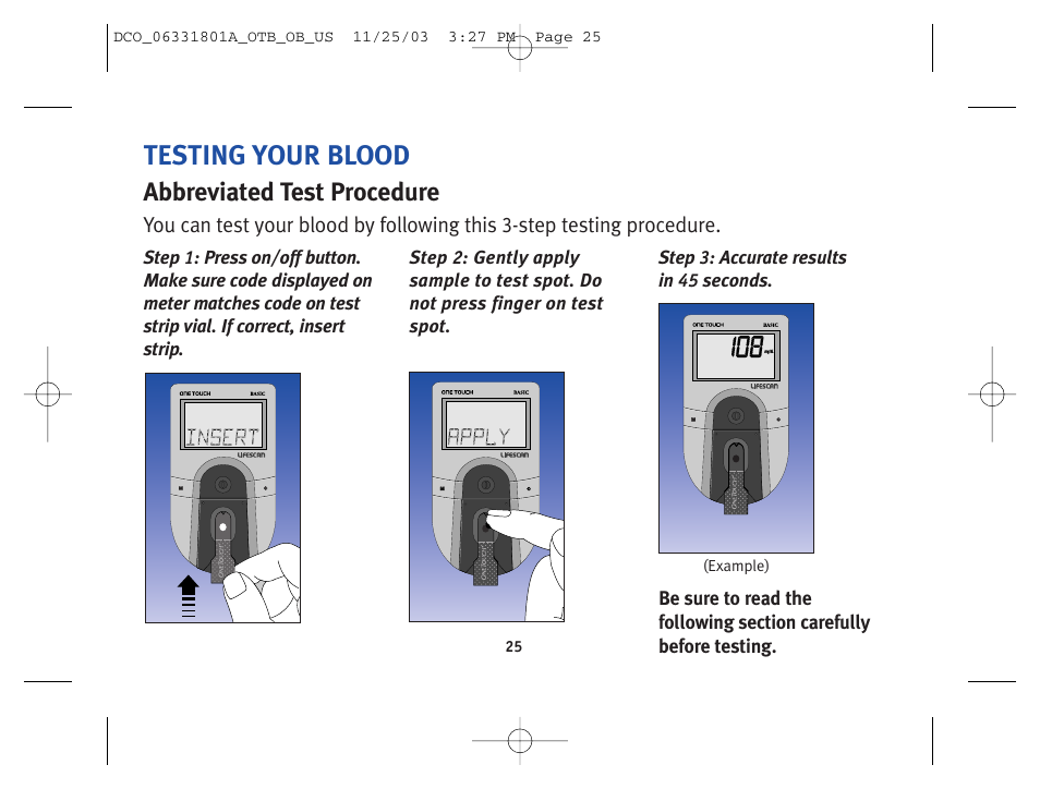 Testing your blood, Abbreviated test procedure | Lifescan OneTouch Basic Basic Blood Glucose Monitoring System User Manual | Page 33 / 98