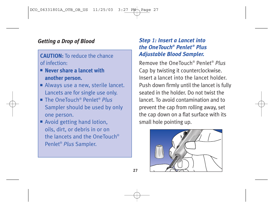 Never share a lancet with another person, The onetouch, Penlet | Plus sampler should be used by only one person, Plus adjustable blood sampler. remove the onetouch | Lifescan OneTouch Basic Basic Blood Glucose Monitoring System User Manual | Page 35 / 98