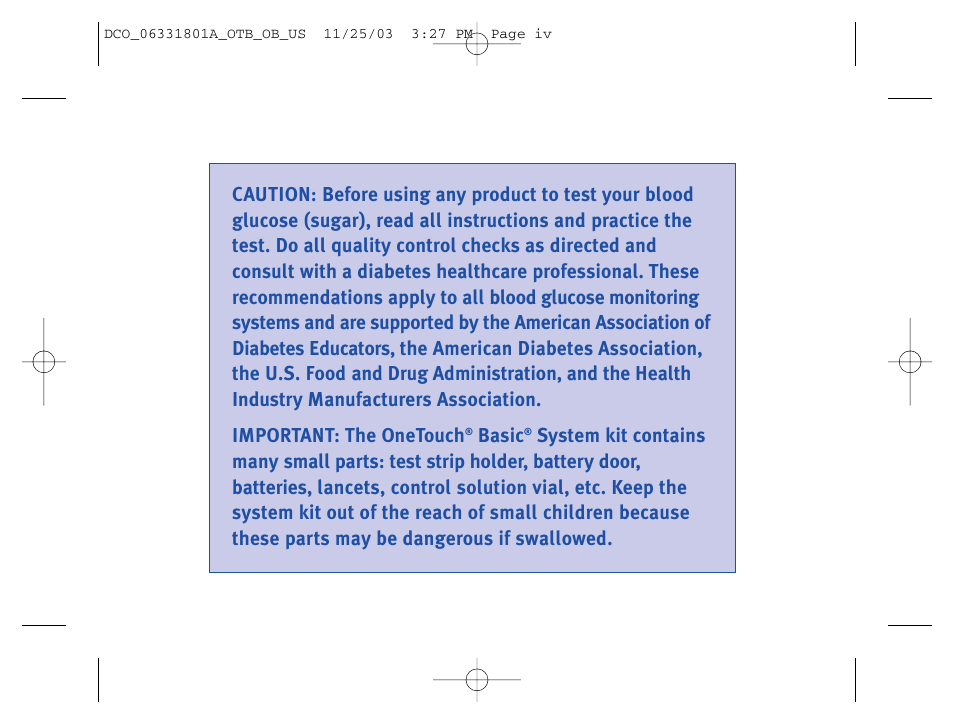 Lifescan OneTouch Basic Basic Blood Glucose Monitoring System User Manual | Page 4 / 98
