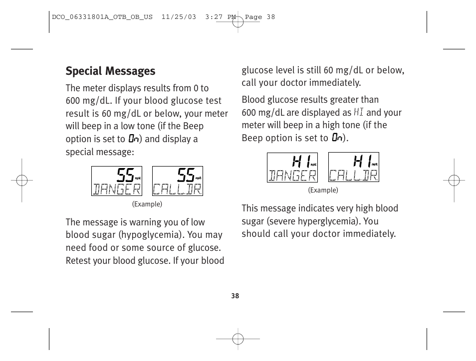 Special messages | Lifescan OneTouch Basic Basic Blood Glucose Monitoring System User Manual | Page 46 / 98