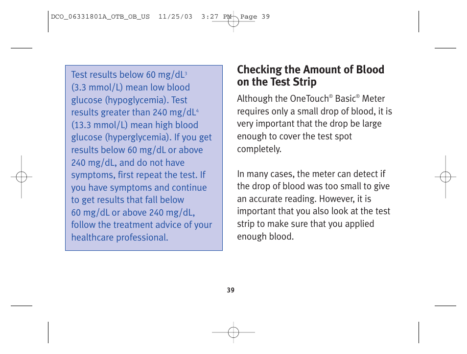 Checking the amount of blood on the test strip | Lifescan OneTouch Basic Basic Blood Glucose Monitoring System User Manual | Page 47 / 98