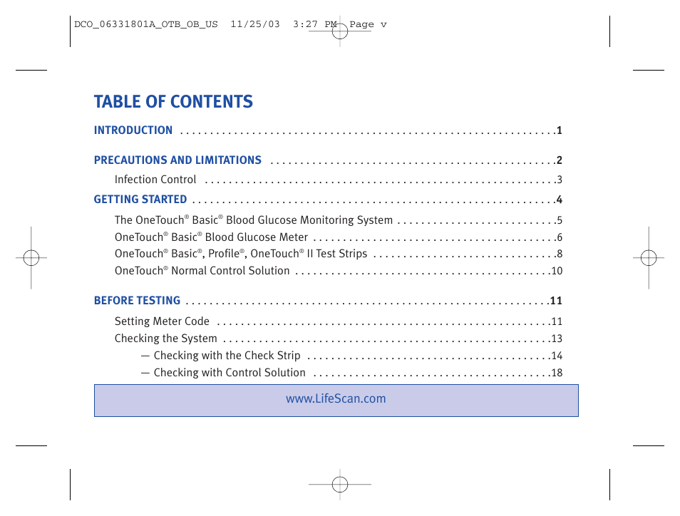 Lifescan OneTouch Basic Basic Blood Glucose Monitoring System User Manual | Page 5 / 98