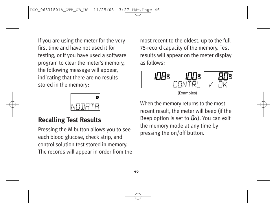 Recalling test results | Lifescan OneTouch Basic Basic Blood Glucose Monitoring System User Manual | Page 54 / 98