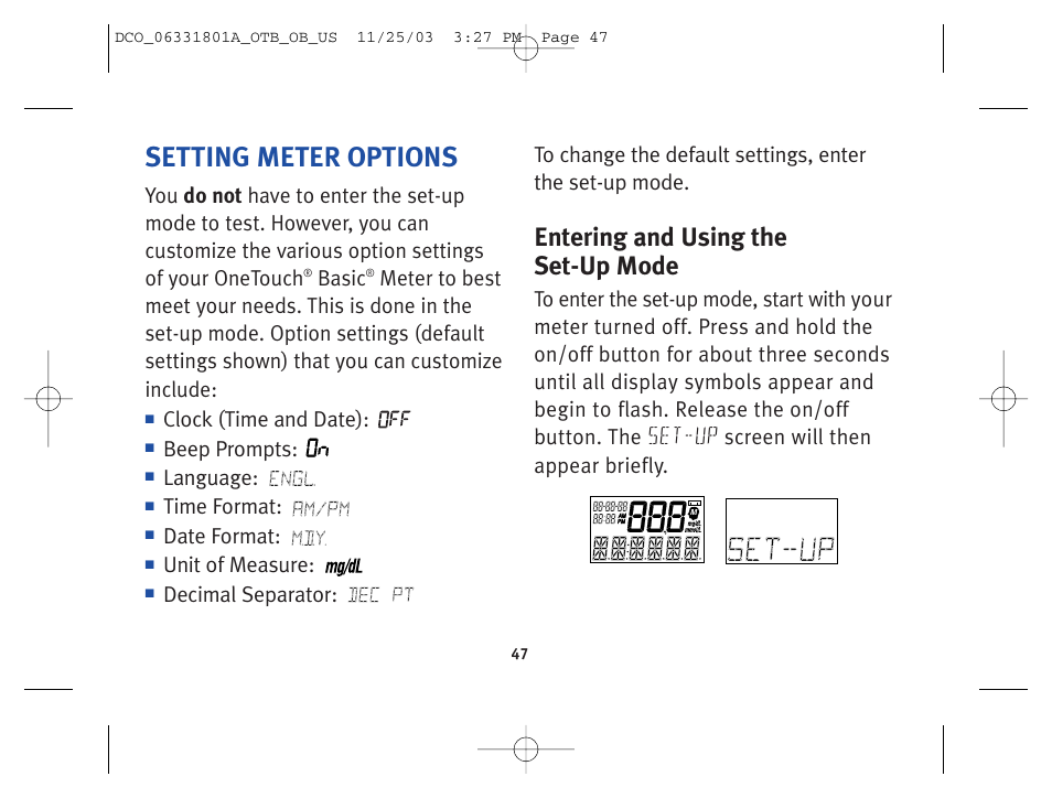Setting meter options, Entering and using the set-up mode, Basic | Clock (time and date), Beep prompts, Language, Time format, Date format, Unit of measure | Lifescan OneTouch Basic Basic Blood Glucose Monitoring System User Manual | Page 55 / 98