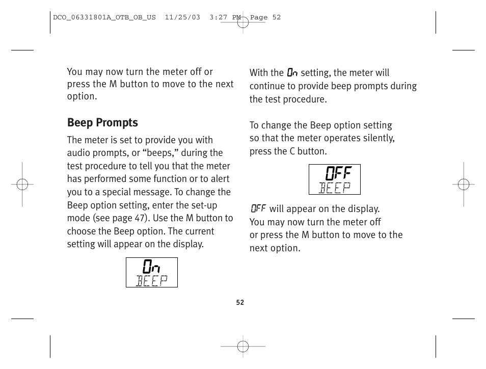 Beep prompts | Lifescan OneTouch Basic Basic Blood Glucose Monitoring System User Manual | Page 60 / 98