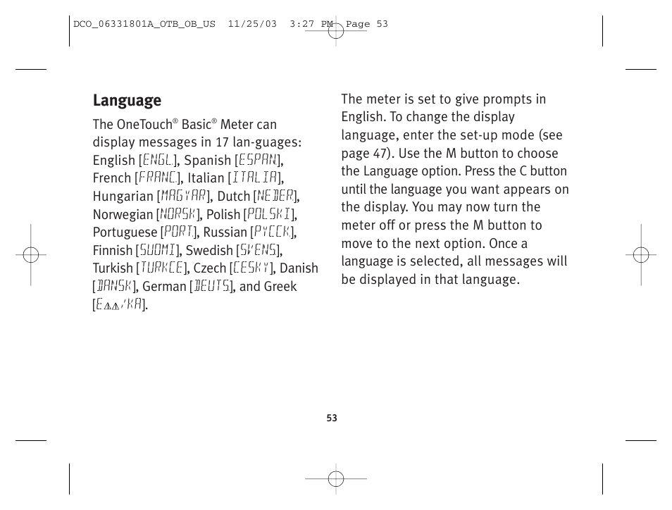 Language | Lifescan OneTouch Basic Basic Blood Glucose Monitoring System User Manual | Page 61 / 98