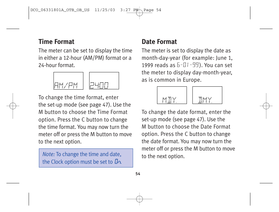 Time format, Date format | Lifescan OneTouch Basic Basic Blood Glucose Monitoring System User Manual | Page 62 / 98