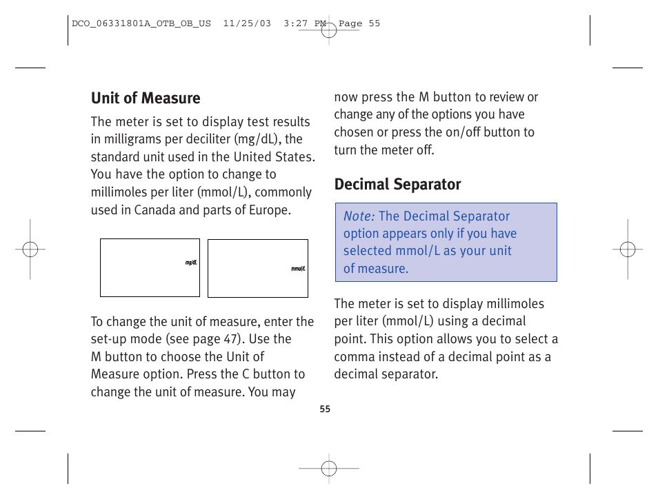 Unit of measure, Decimal separator | Lifescan OneTouch Basic Basic Blood Glucose Monitoring System User Manual | Page 63 / 98