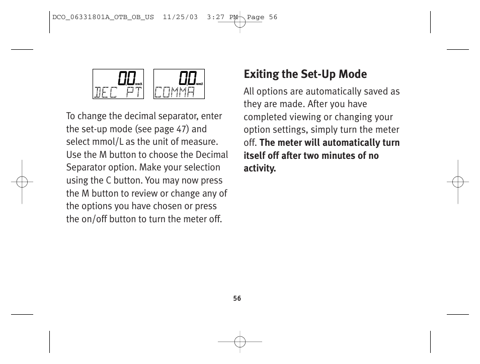 Exiting the set-up mode | Lifescan OneTouch Basic Basic Blood Glucose Monitoring System User Manual | Page 64 / 98