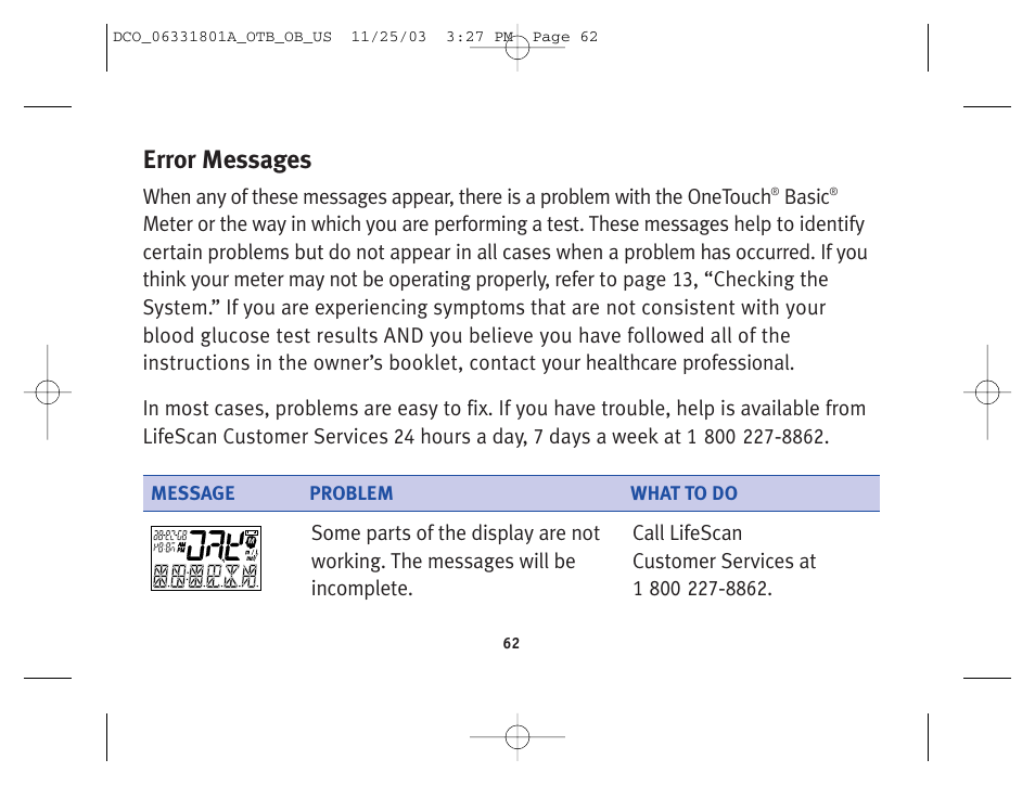 Error messages | Lifescan OneTouch Basic Basic Blood Glucose Monitoring System User Manual | Page 70 / 98