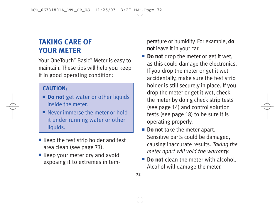 Taking care of your meter, Your onetouch, Basic | Do not get water or other liquids inside the meter | Lifescan OneTouch Basic Basic Blood Glucose Monitoring System User Manual | Page 80 / 98