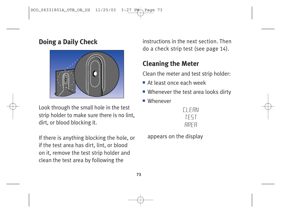 Doing a daily check, Cleaning the meter | Lifescan OneTouch Basic Basic Blood Glucose Monitoring System User Manual | Page 81 / 98