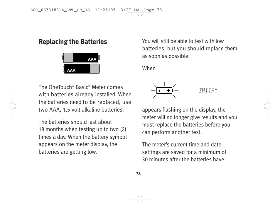 Replacing the batteries | Lifescan OneTouch Basic Basic Blood Glucose Monitoring System User Manual | Page 86 / 98