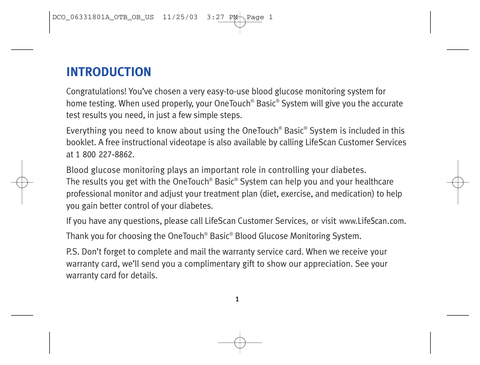 Introduction | Lifescan OneTouch Basic Basic Blood Glucose Monitoring System User Manual | Page 9 / 98