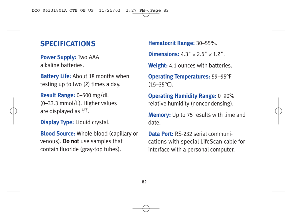 Specifications | Lifescan OneTouch Basic Basic Blood Glucose Monitoring System User Manual | Page 90 / 98