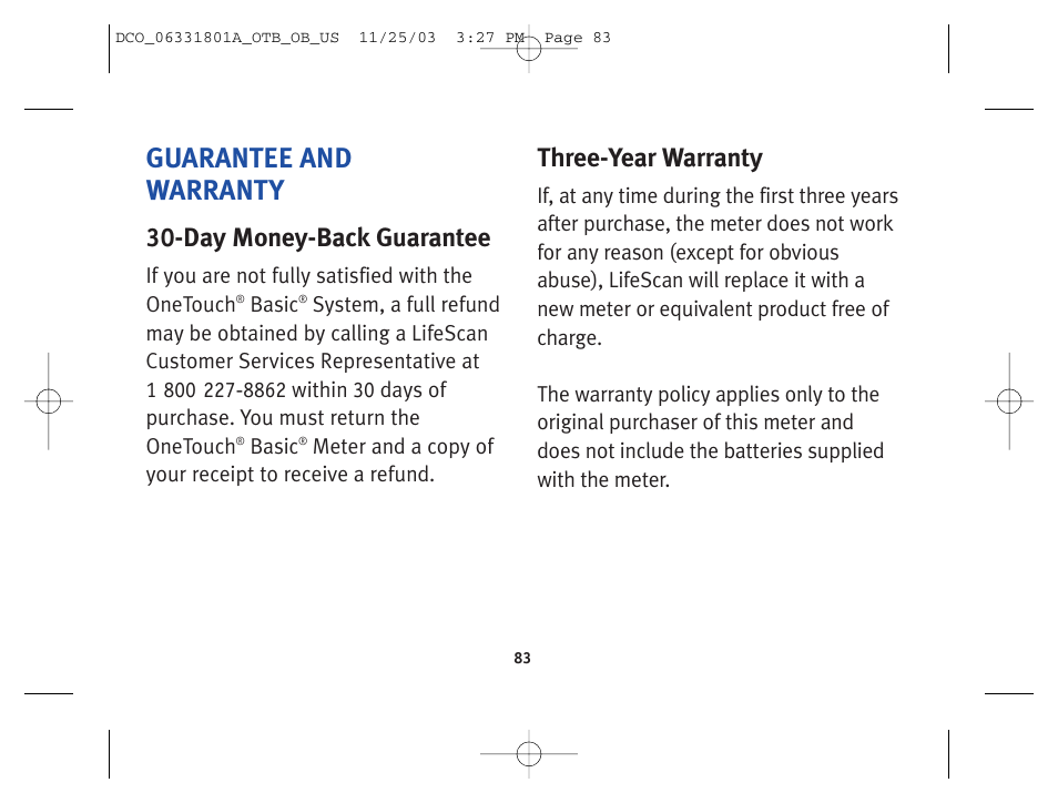 Guarantee and warranty, Day money-back guarantee, Three-year warranty | Lifescan OneTouch Basic Basic Blood Glucose Monitoring System User Manual | Page 91 / 98