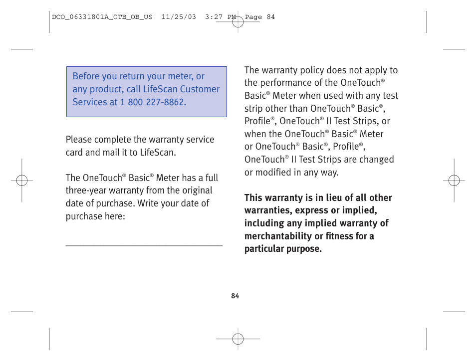 Basic, Profile, Onetouch | Ii test strips, or when the onetouch, Meter or onetouch | Lifescan OneTouch Basic Basic Blood Glucose Monitoring System User Manual | Page 92 / 98