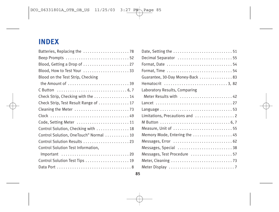 Index | Lifescan OneTouch Basic Basic Blood Glucose Monitoring System User Manual | Page 93 / 98