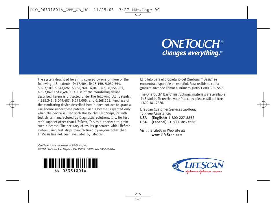 Lifescan OneTouch Basic Basic Blood Glucose Monitoring System User Manual | Page 98 / 98