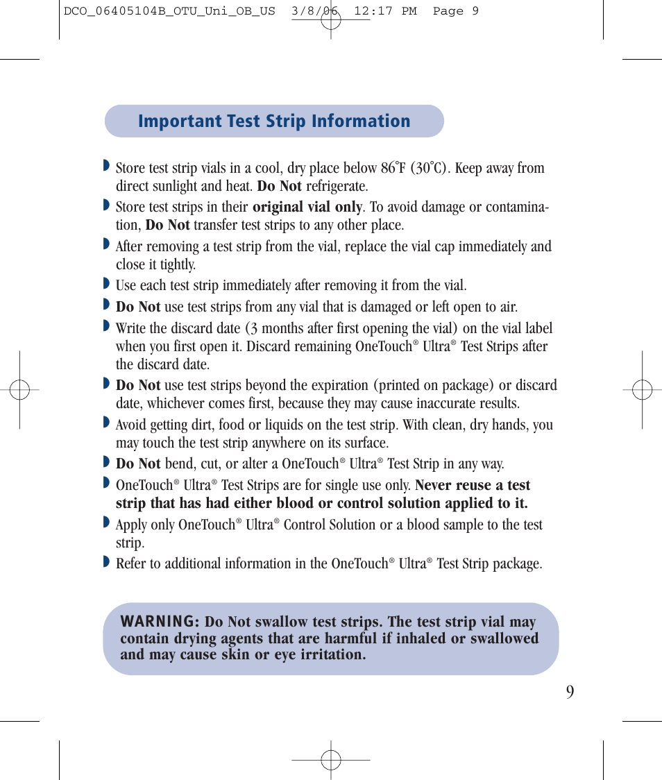 Important test strip information | Lifescan Ultra User Manual | Page 17 / 73