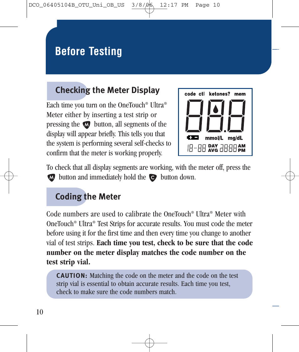 Before testing, Coding the meter, Checking the meter display | Lifescan Ultra User Manual | Page 18 / 73