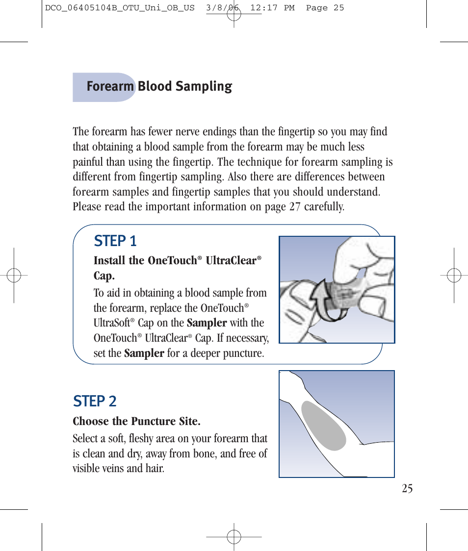 Step 1, Step 2, Forearm blood sampling | Lifescan Ultra User Manual | Page 33 / 73