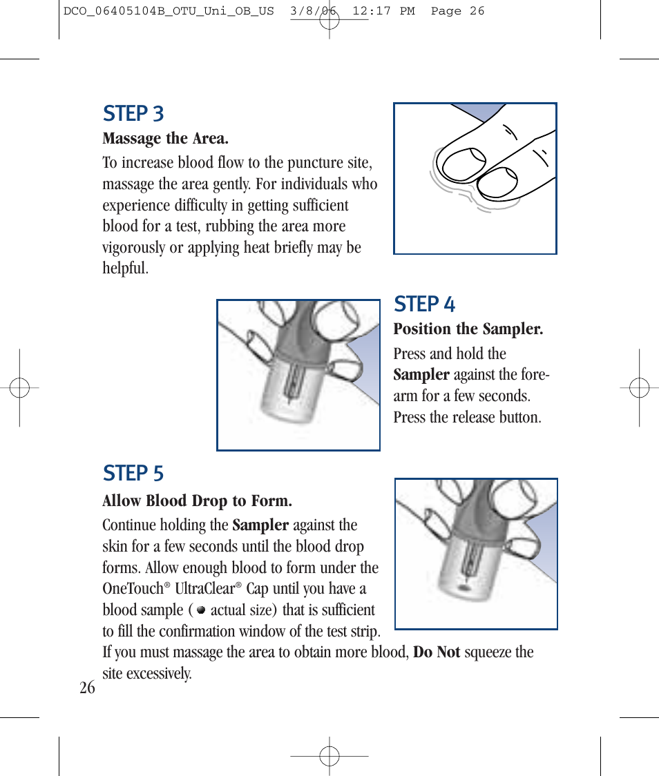 Step 3, Step 4, Step 5 | Lifescan Ultra User Manual | Page 34 / 73