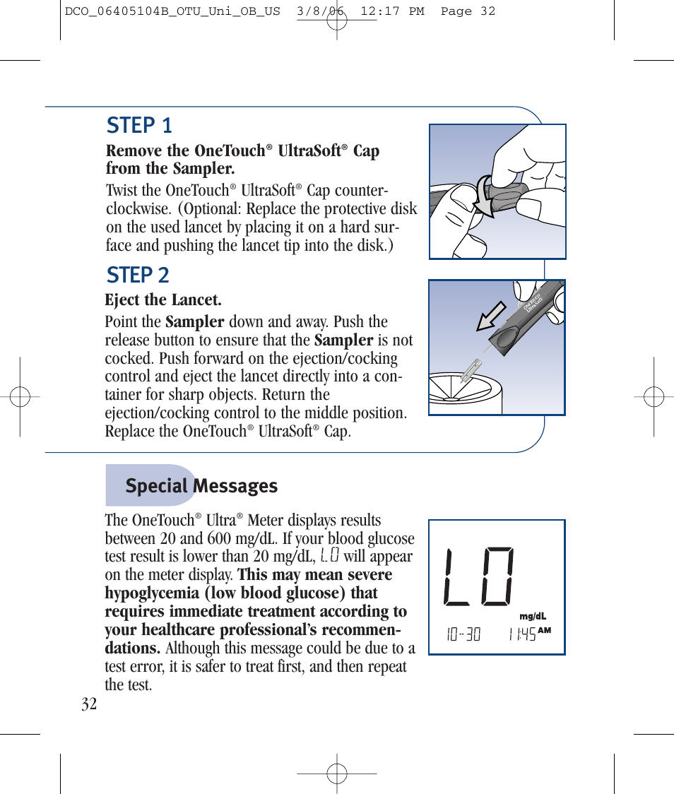 Step 1, Step 2, Special messages | Lifescan Ultra User Manual | Page 40 / 73