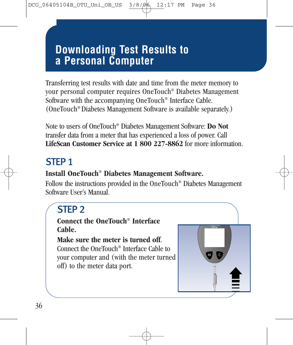 Downloading test results to a personal computer, Step 1, Step 2 | Lifescan Ultra User Manual | Page 44 / 73