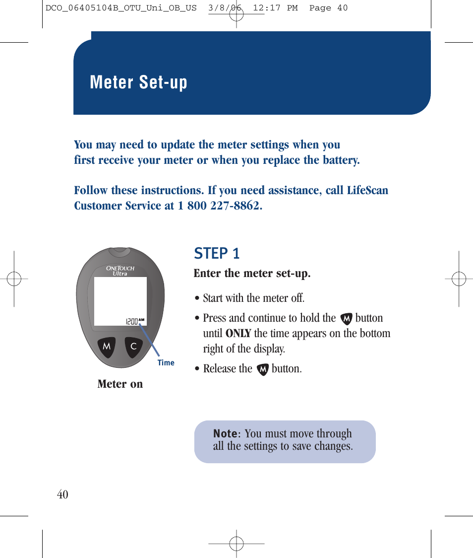 Meter set-up, Step 1 | Lifescan Ultra User Manual | Page 48 / 73