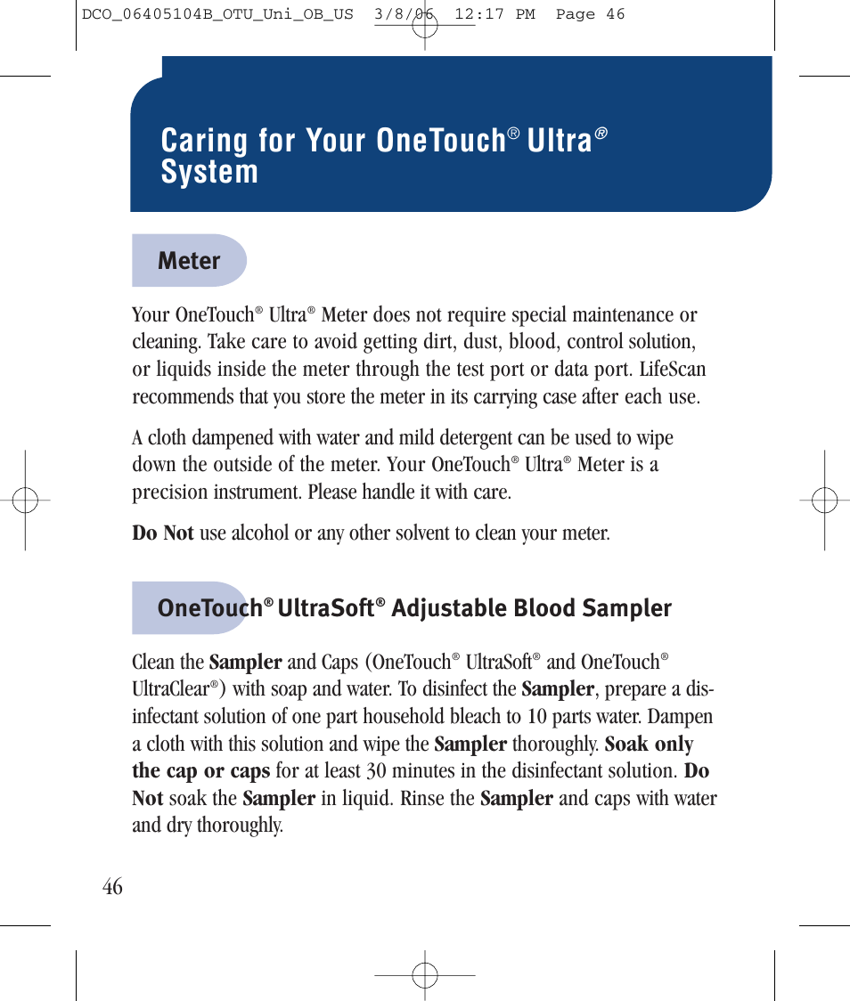 Caring for your onetouch, Ultra, System | Meter, Onetouch, Ultrasoft, Adjustable blood sampler | Lifescan Ultra User Manual | Page 54 / 73