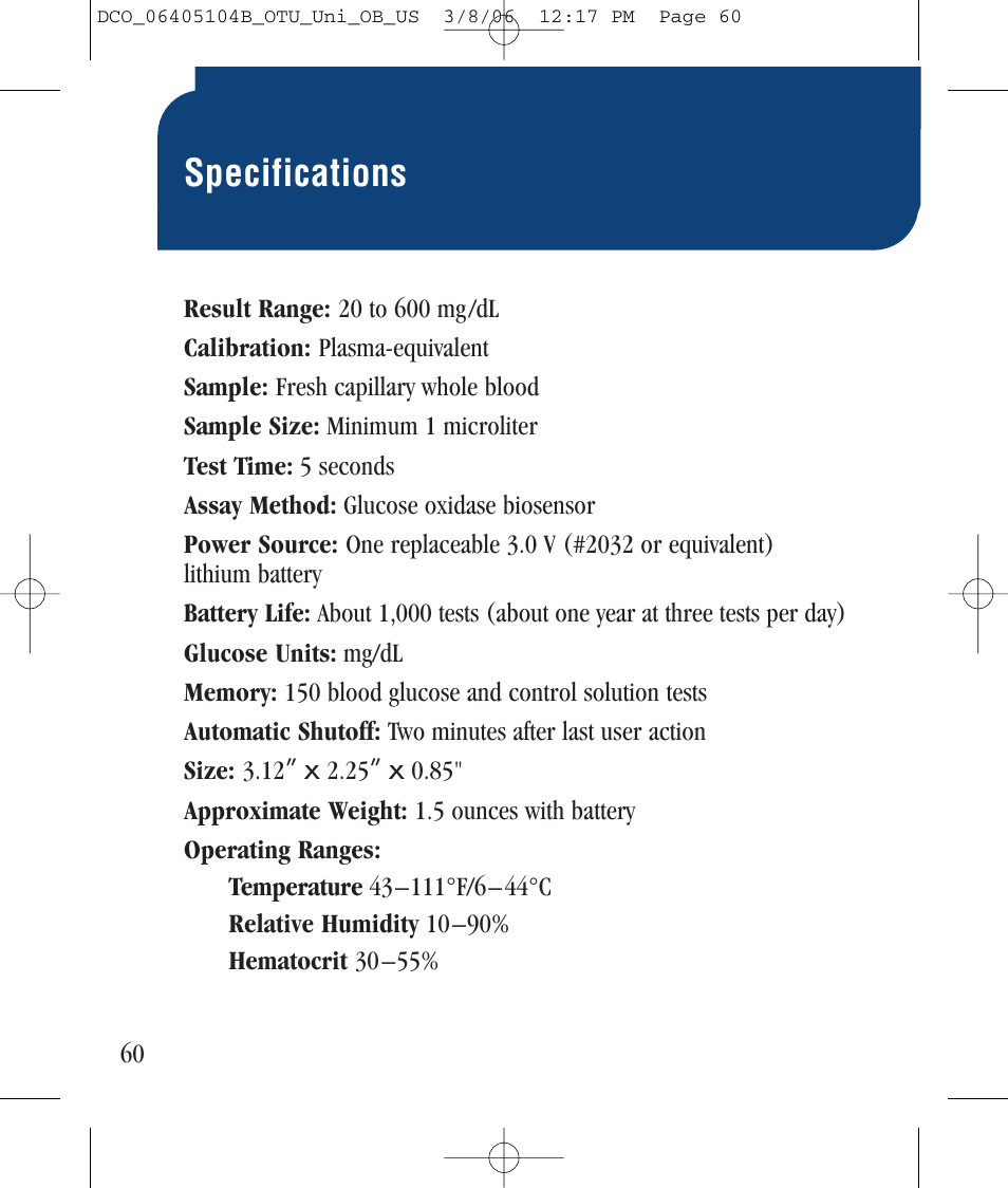 Specifications | Lifescan Ultra User Manual | Page 68 / 73