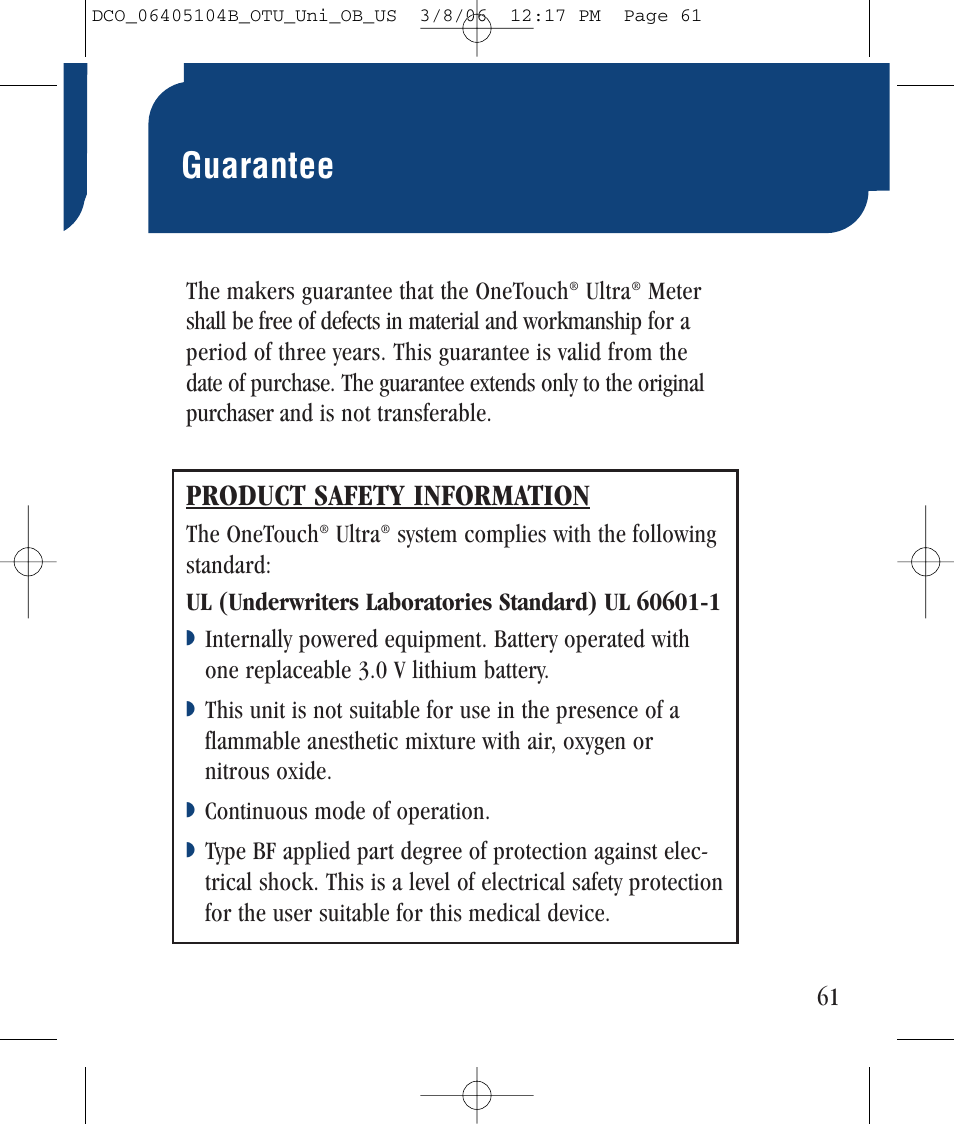 Guarantee, Product safety information | Lifescan Ultra User Manual | Page 69 / 73