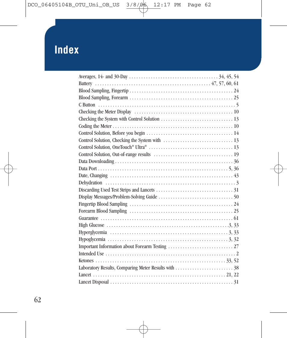 Index | Lifescan Ultra User Manual | Page 70 / 73
