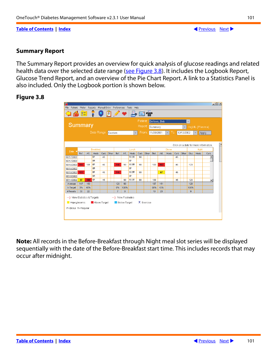 Summary report | Lifescan OneTouch Diabetes Management Software v2.3.1 User Manual | Page 101 / 173