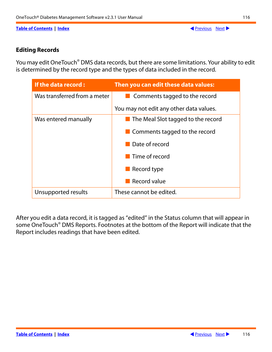 Editing records | Lifescan OneTouch Diabetes Management Software v2.3.1 User Manual | Page 116 / 173