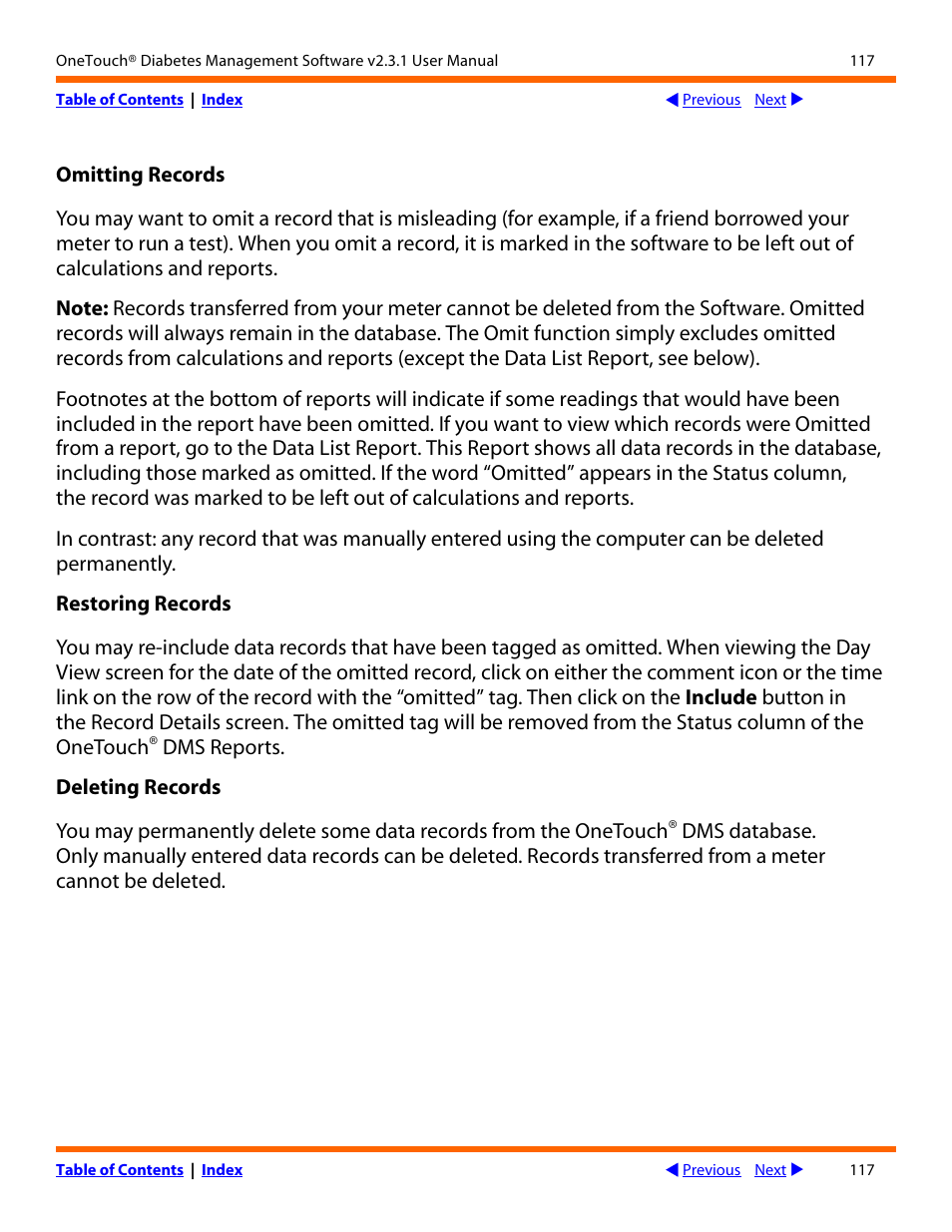 Omitting records, Restoring records, Deleting records | Lifescan OneTouch Diabetes Management Software v2.3.1 User Manual | Page 117 / 173