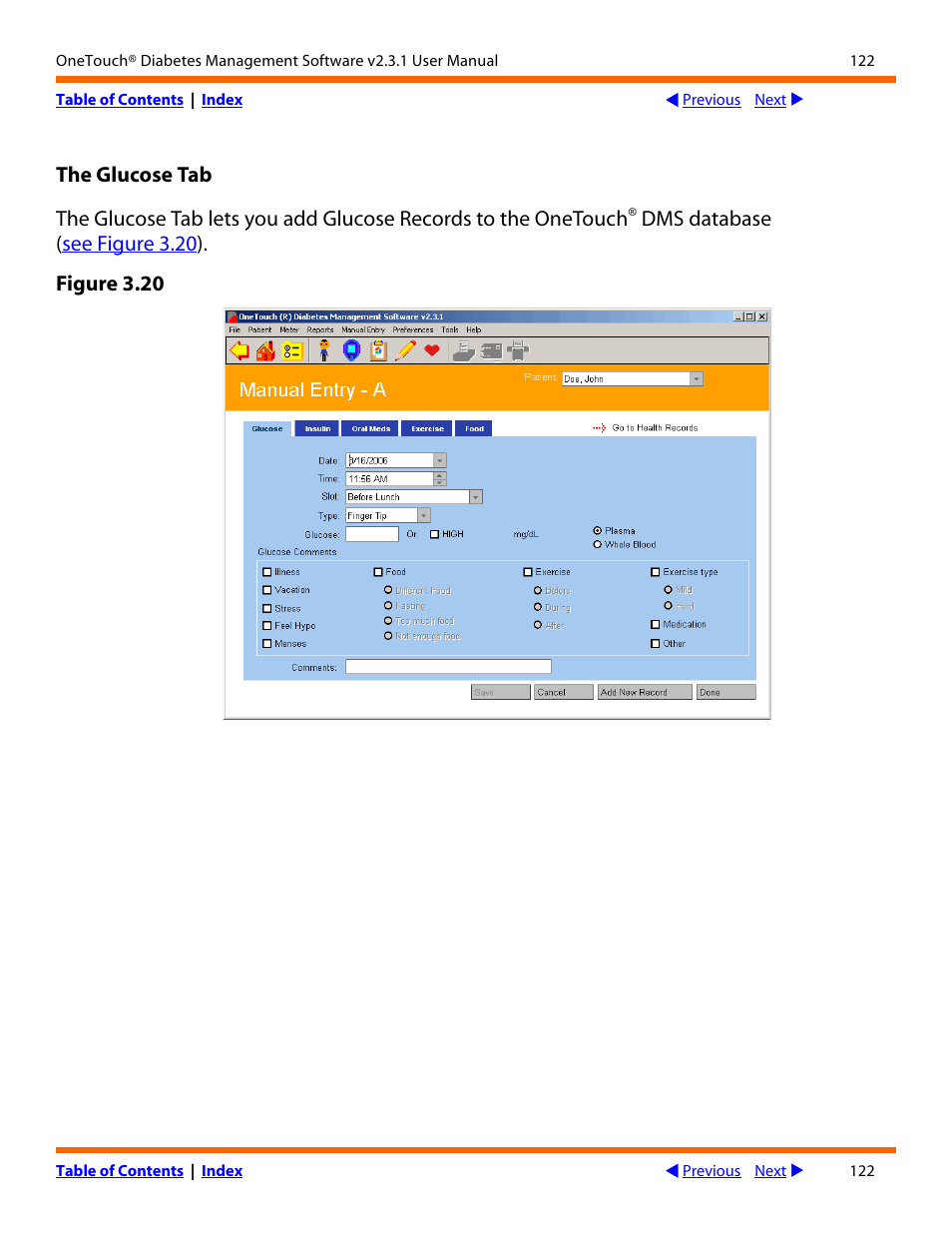 The glucose tab | Lifescan OneTouch Diabetes Management Software v2.3.1 User Manual | Page 122 / 173