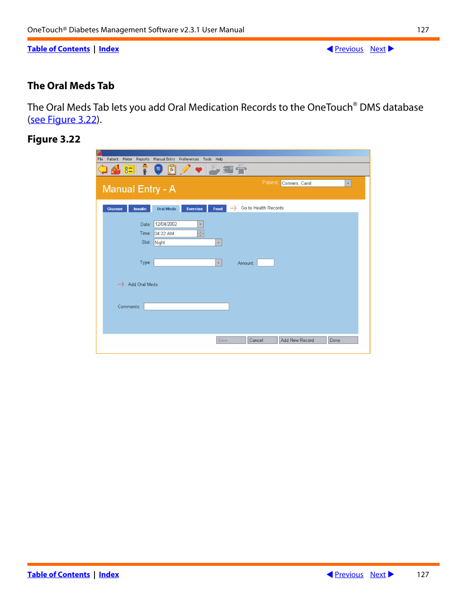 The oral meds tab | Lifescan OneTouch Diabetes Management Software v2.3.1 User Manual | Page 127 / 173