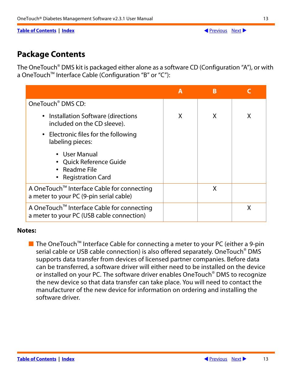 Ackage, Ontents, Next | Package contents | Lifescan OneTouch Diabetes Management Software v2.3.1 User Manual | Page 13 / 173
