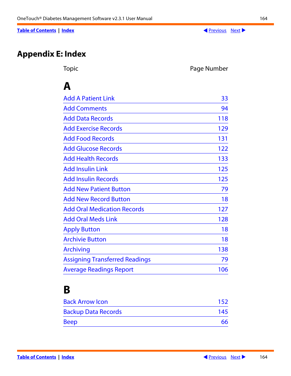 Index, Ppendix, E: i | Ndex, Appendix e: index | Lifescan OneTouch Diabetes Management Software v2.3.1 User Manual | Page 164 / 173