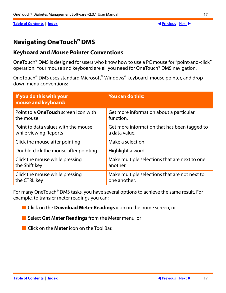 Avigating, Ouch, Keyboard and mouse pointer conventions | Next, Navigating onetouch | Lifescan OneTouch Diabetes Management Software v2.3.1 User Manual | Page 17 / 173