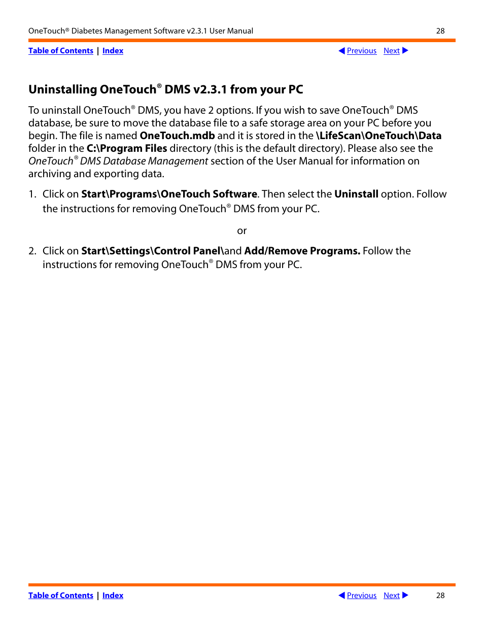 Uninstalling onetouch, Dms v2.3.1 from your pc | Lifescan OneTouch Diabetes Management Software v2.3.1 User Manual | Page 28 / 173