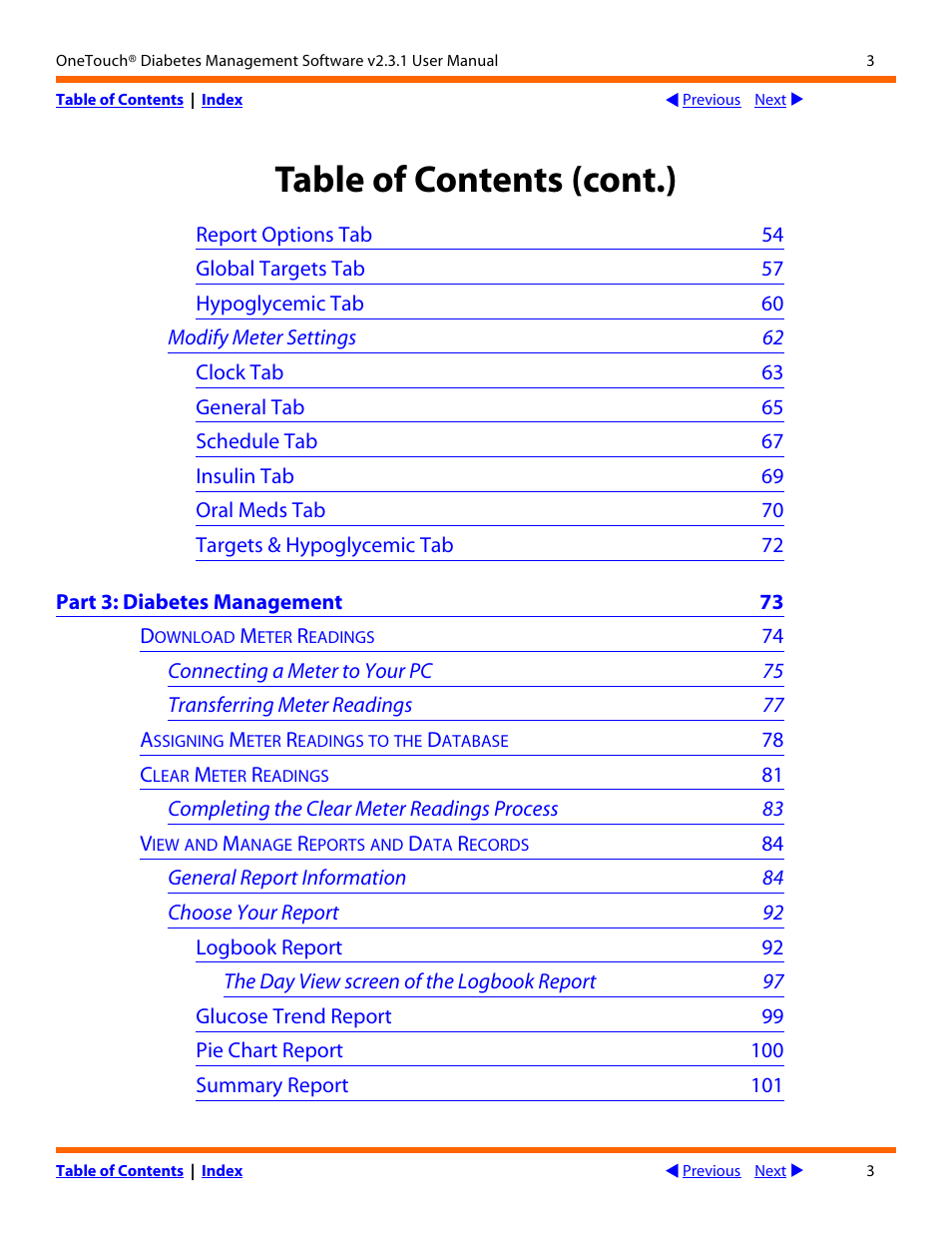 Next, Table of contents (cont.) | Lifescan OneTouch Diabetes Management Software v2.3.1 User Manual | Page 3 / 173