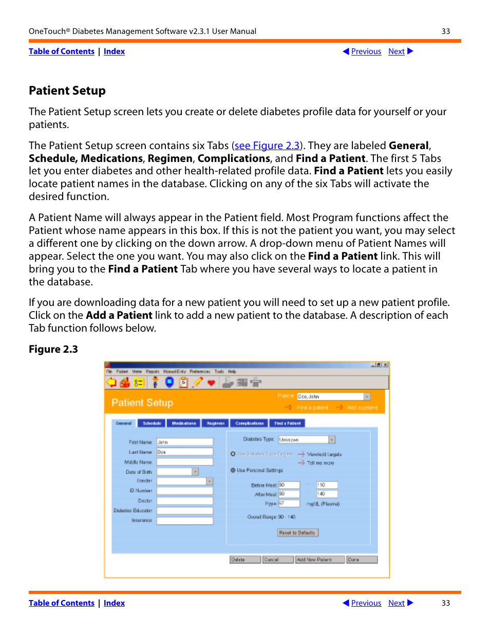 Patient setup | Lifescan OneTouch Diabetes Management Software v2.3.1 User Manual | Page 33 / 173